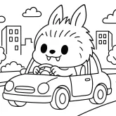 Labubu Şehirde Araba Kullanıyor boyama sayfası