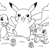 Çocuklar İçin Pokémon Pikachu, Charmander ve Bulbasaur boyama sayfası