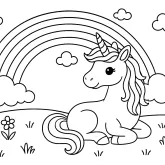 Oturan Unicorn ve Muhteşem Gökkuşağı boyama sayfası