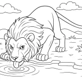 Aslan Gölde Su İçiyor boyama sayfası