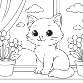 Pencere Kenarında Oturan Mutlu Kedi boyama sayfası