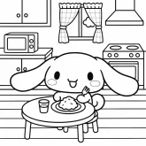 Cinnamoroll Mutfakta Yemek Yerken boyama sayfası