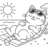Deniz Kenarında Güneşlenen Tembel Kedi boyama sayfası