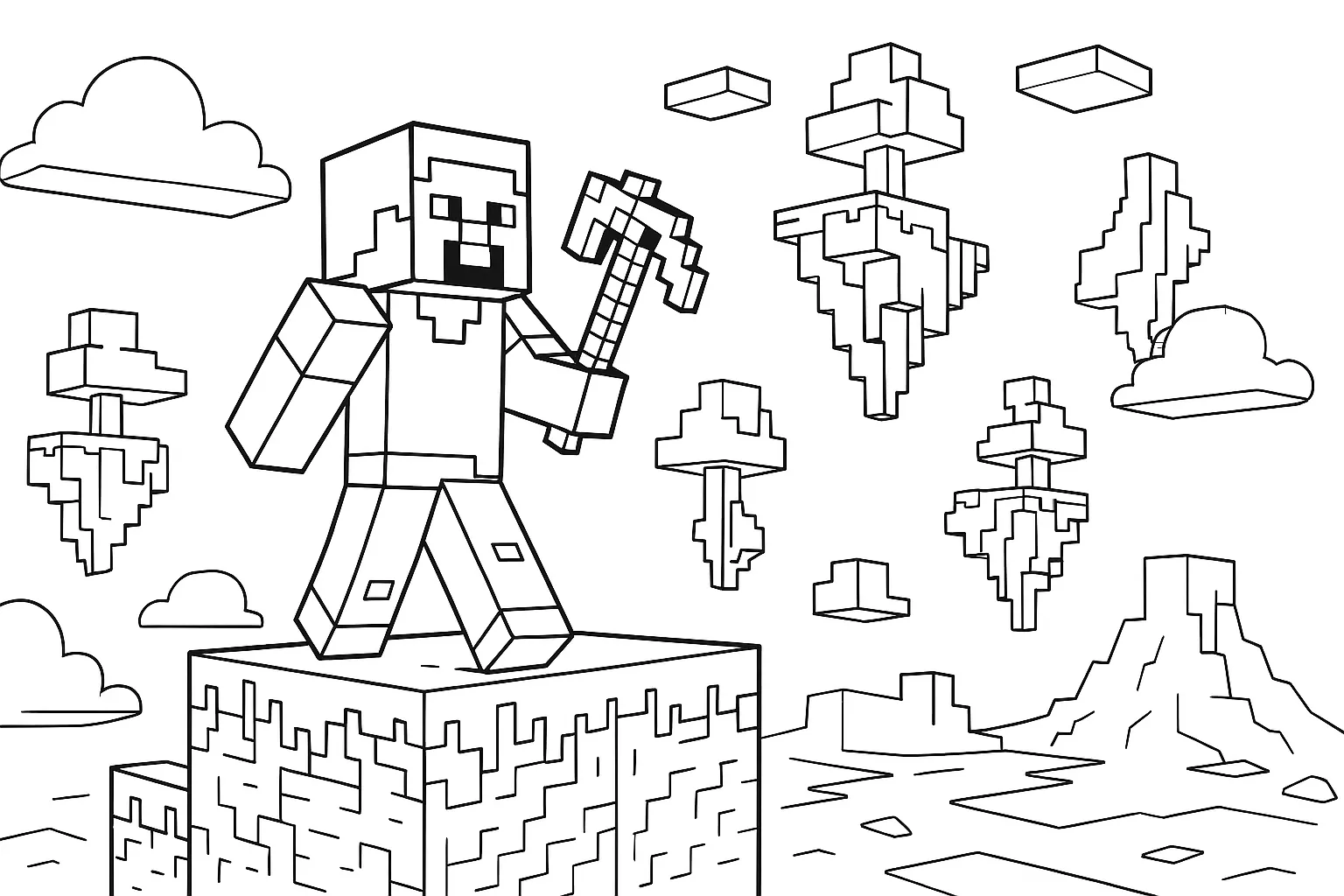 Minecraft Sonsuz Dünyalar ve Steve boyama sayfası