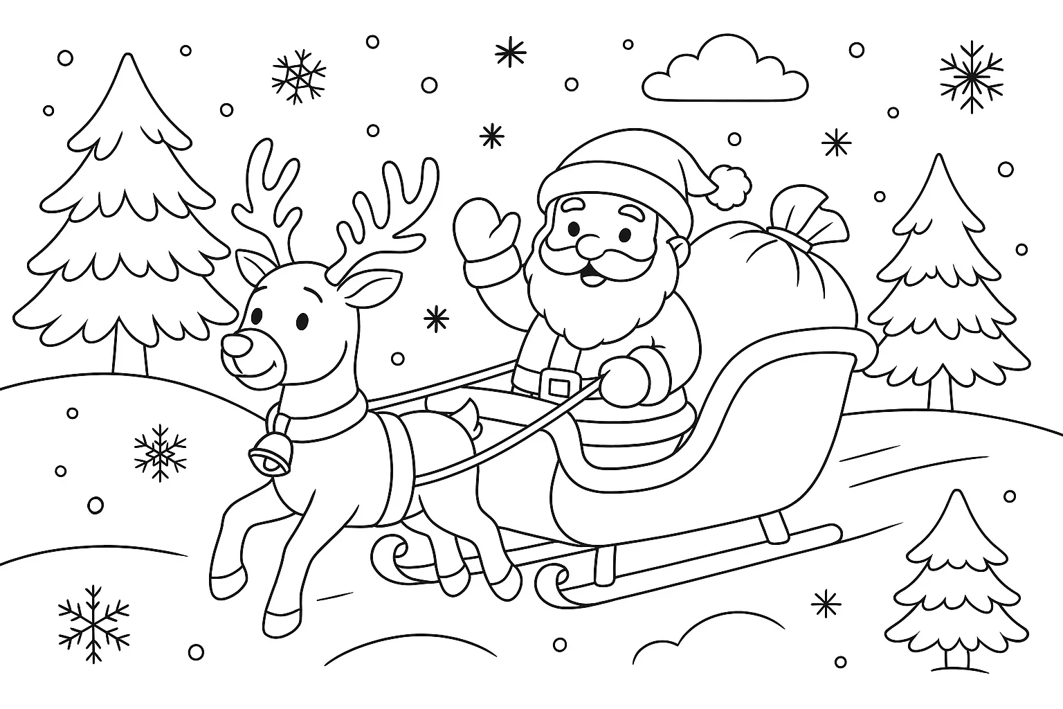 Noelbaba ve Geyiği ile Kar Gezintisi boyama sayfası