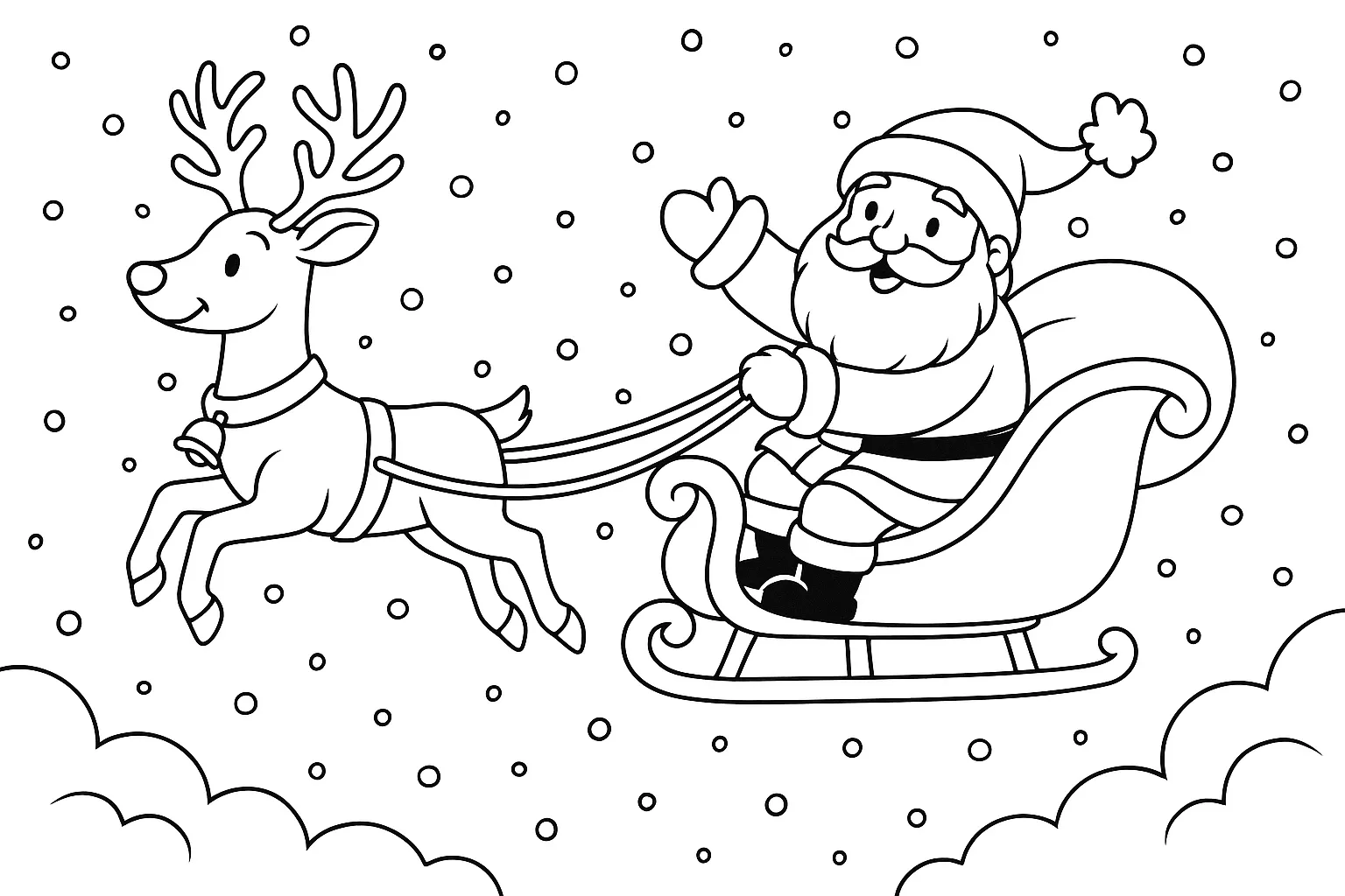 Noel Baba ve Geyiği ile Karlı Yolculuk boyama sayfası