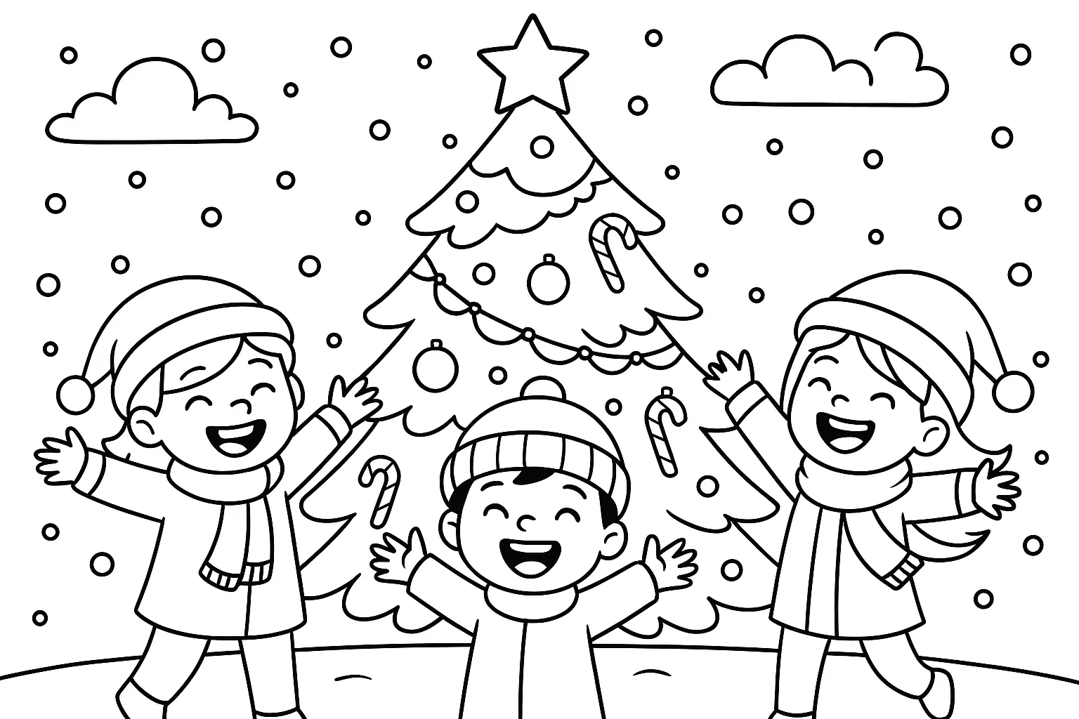 Yeni Yıl ve Mutlu Çocuklar boyama sayfası