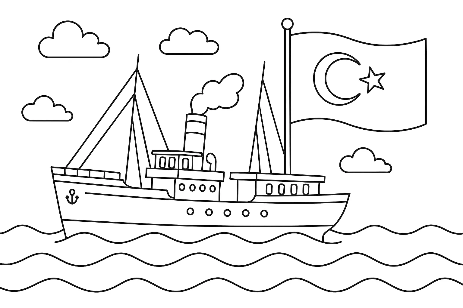 Bandırma Vapuru ve Türk Bayrağı boyama sayfası