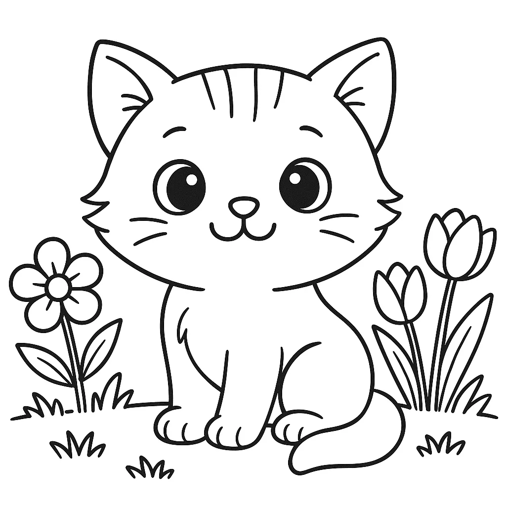 Minnoş Kedi ve Çiçekler boyama sayfası