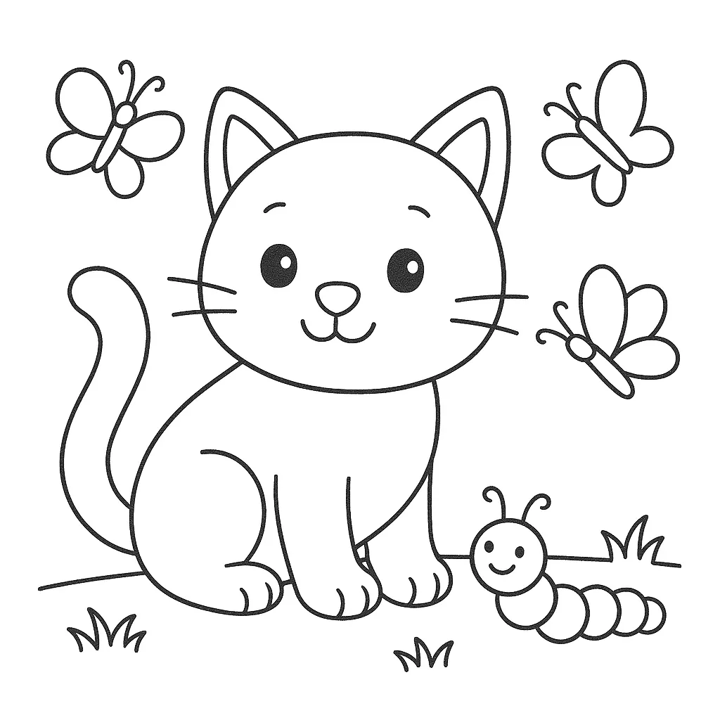 Kedi, Kelebek ve Tırtıl boyama sayfası
