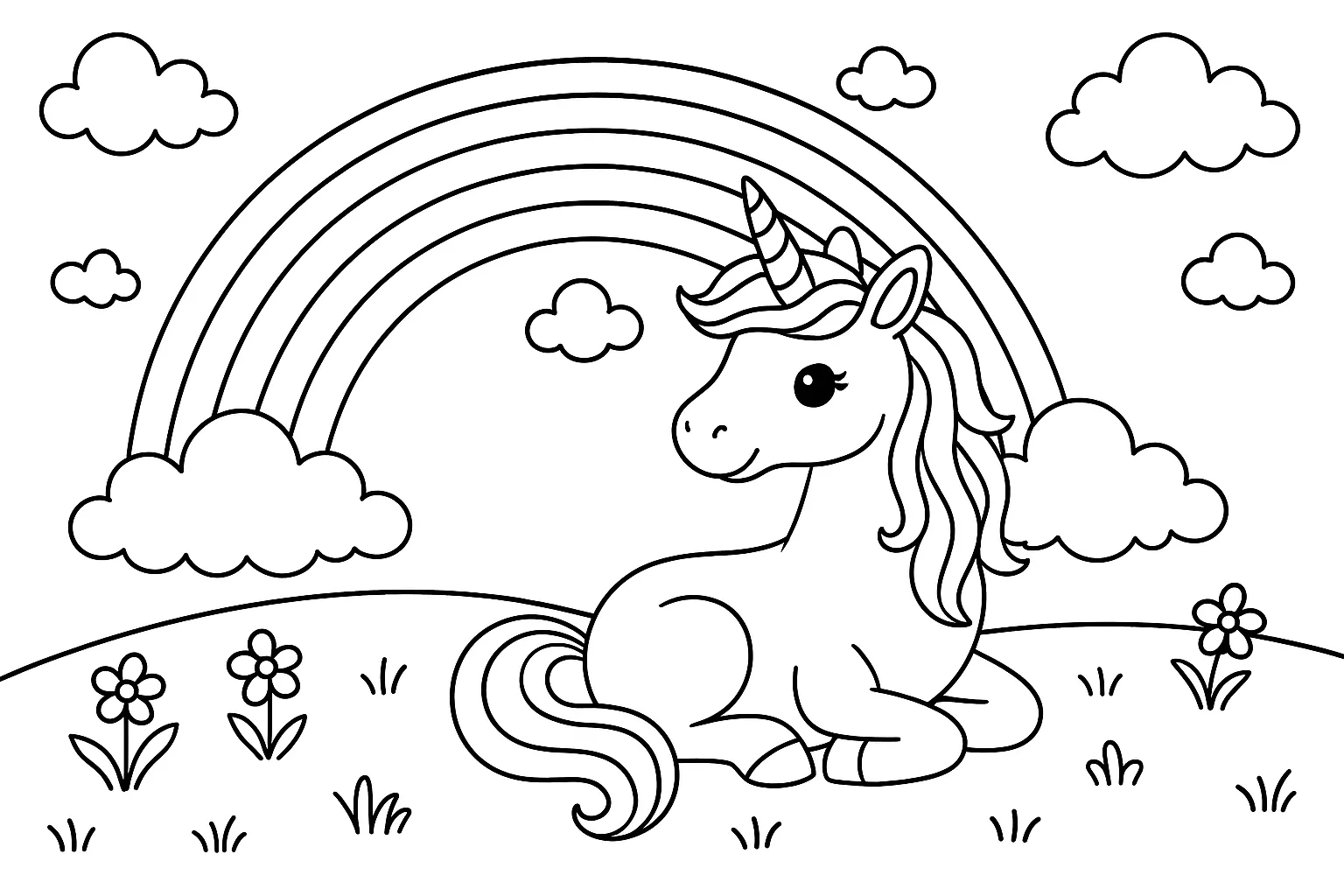 Oturan Unicorn ve Muhteşem Gökkuşağı boyama sayfası