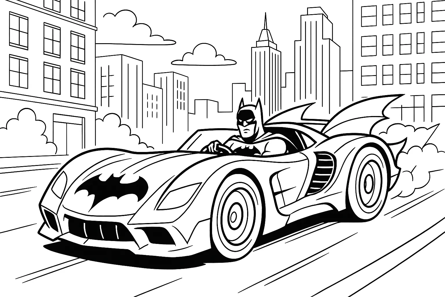 Batman ve Batmobil ile Şehir Turu boyama sayfası