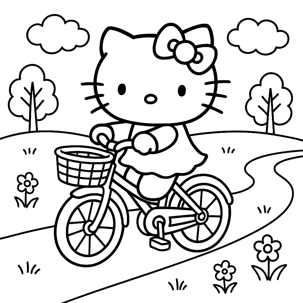 Hello Kitty Bisikletle Geziyor boyama sayfası