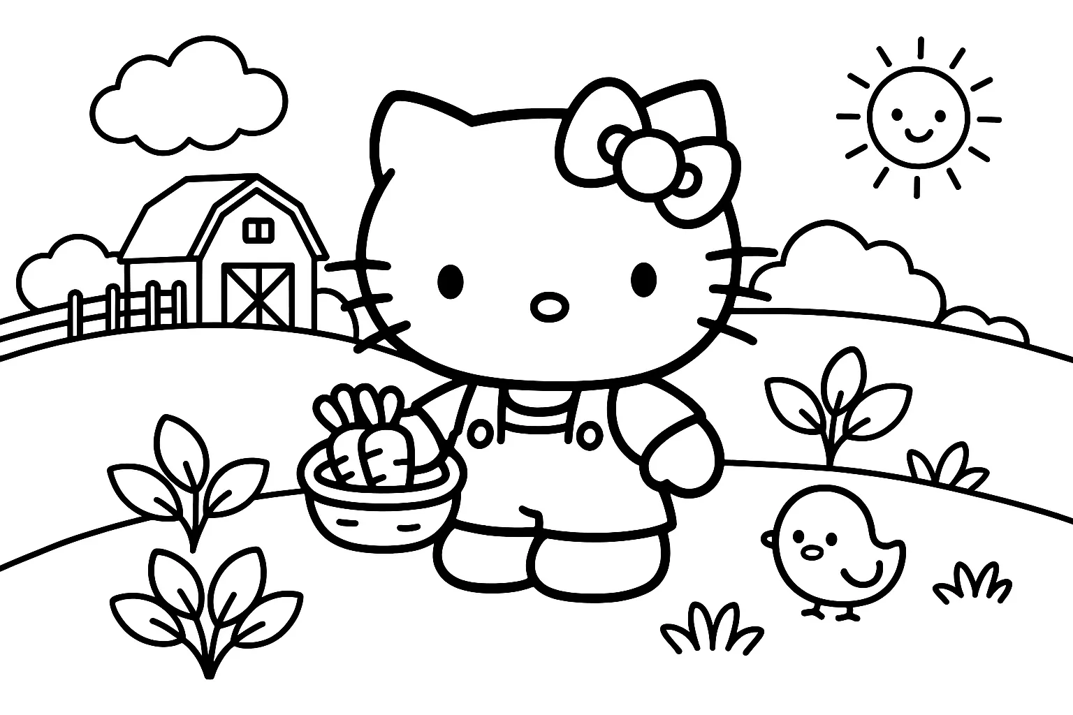 Hello Kitty Çiftlikte Sebze Toplarken boyama sayfası