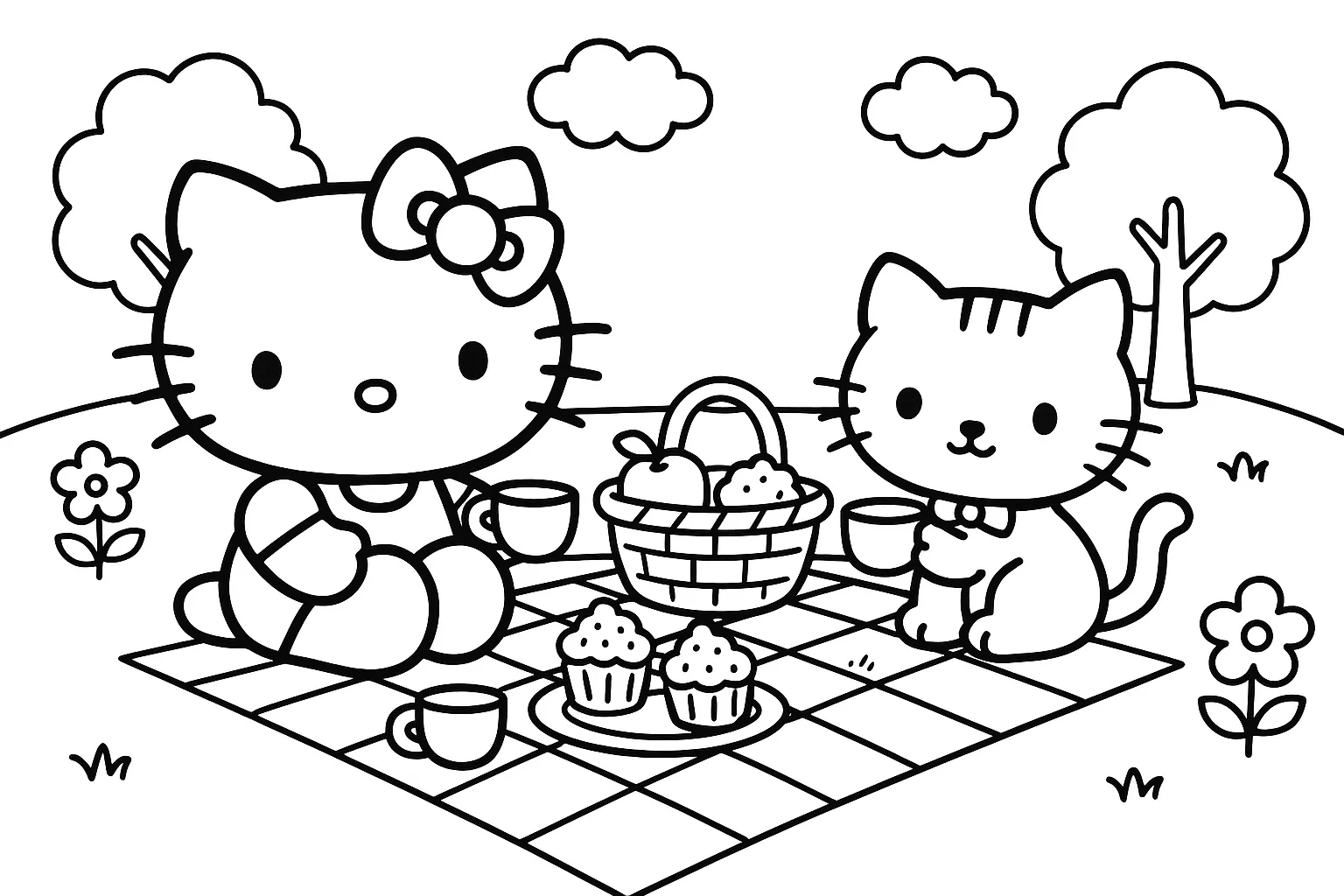 Hello Kitty ve Kedi Arkadaşı Piknikte boyama sayfası