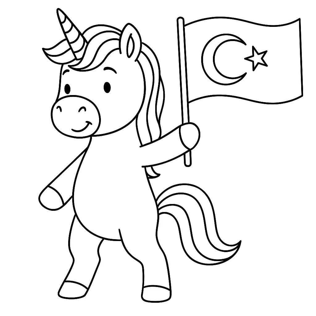 Türk Bayrağı Tutan Unicorn boyama sayfası