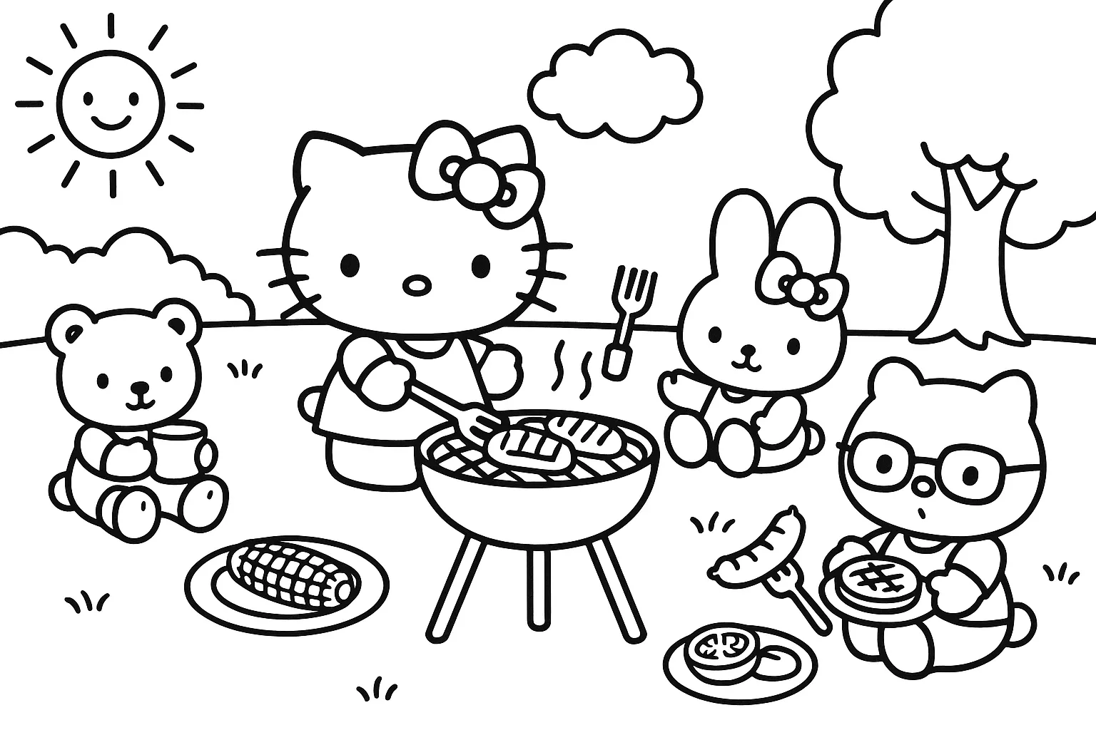 Hello Kitty ve Arkadaşları Mangal Partisinde boyama sayfası