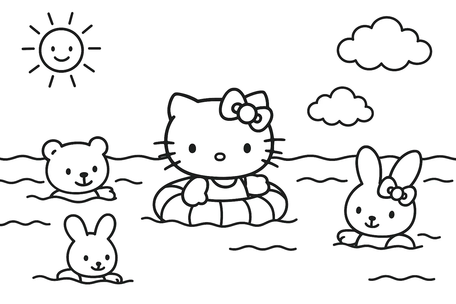 Hello Kitty ve Arkadaşları Denizde Yüzüyor boyama sayfası