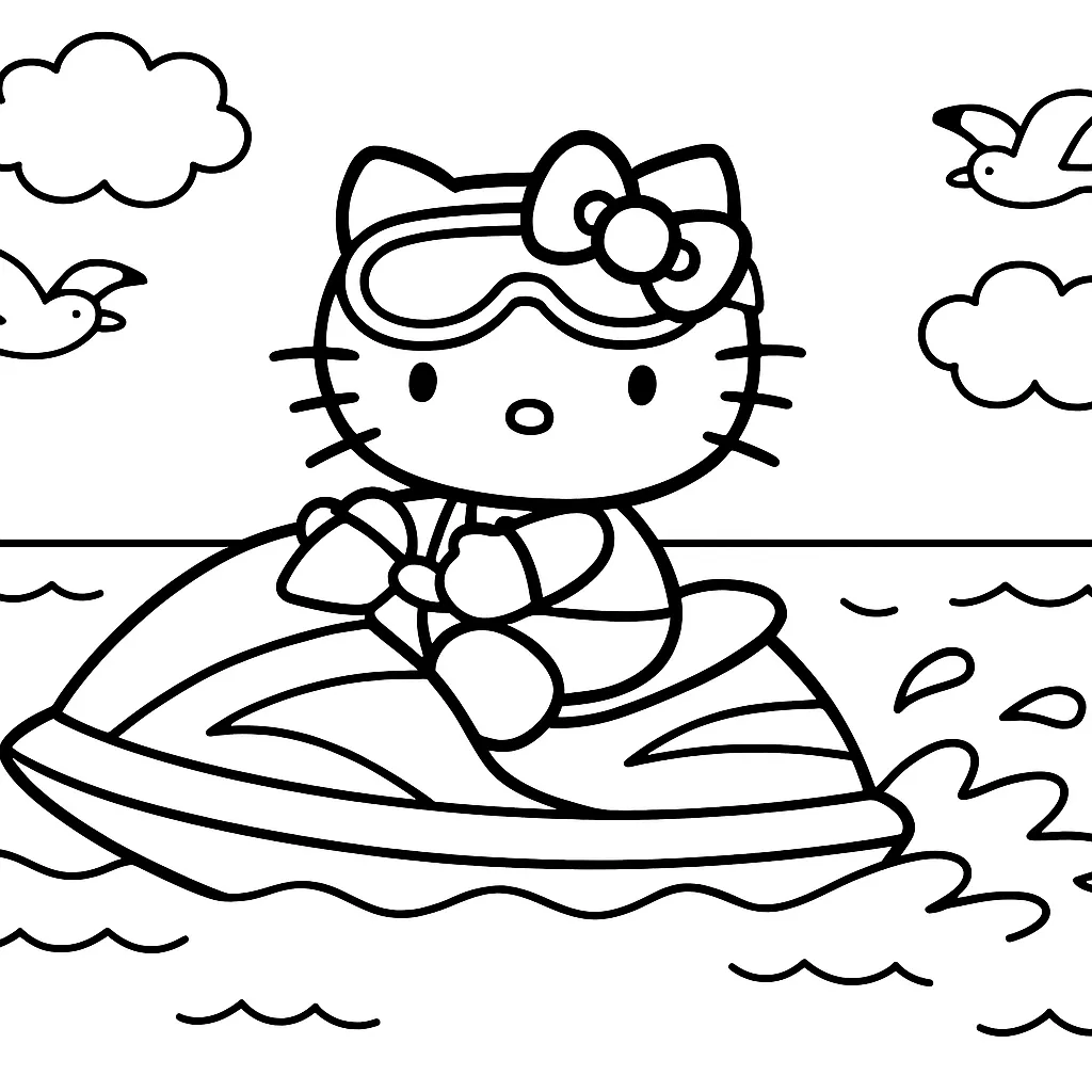 Jetski Kullanan Hello Kitty boyama sayfası