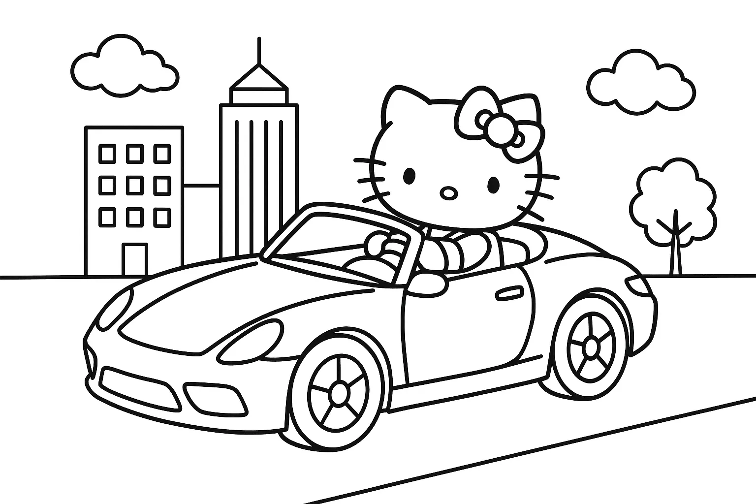 Hello Kitty Son Model Arabasıyla Turluyor boyama sayfası