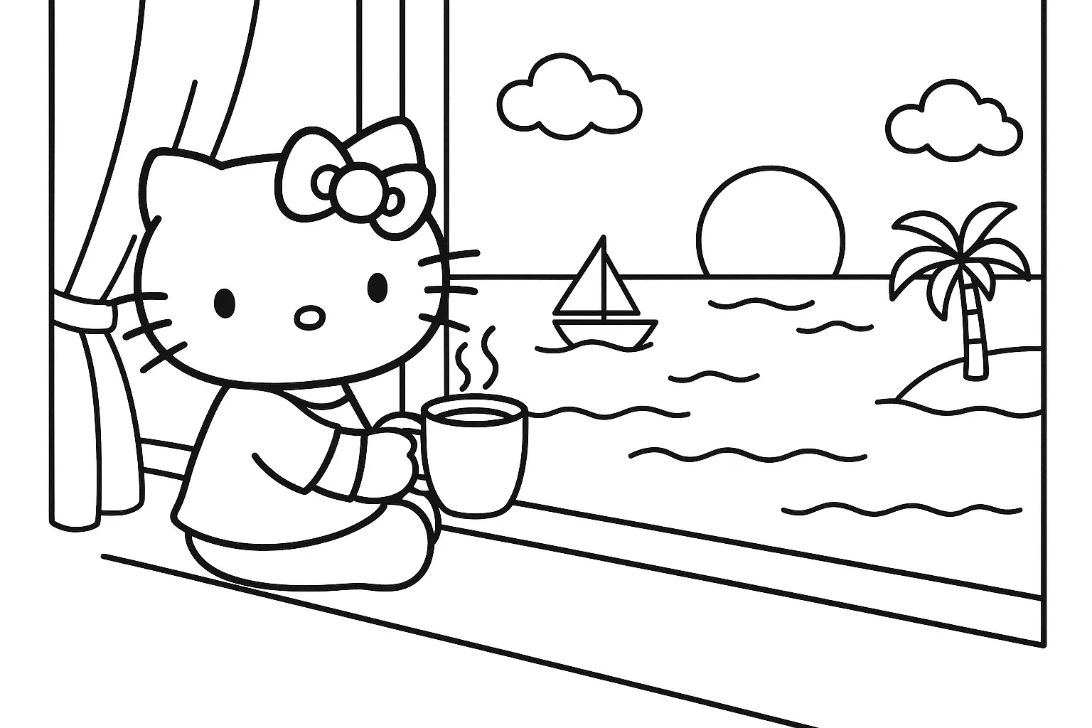 Hello Kitty Pencere Kenarında Denizi İzliyor boyama sayfası
