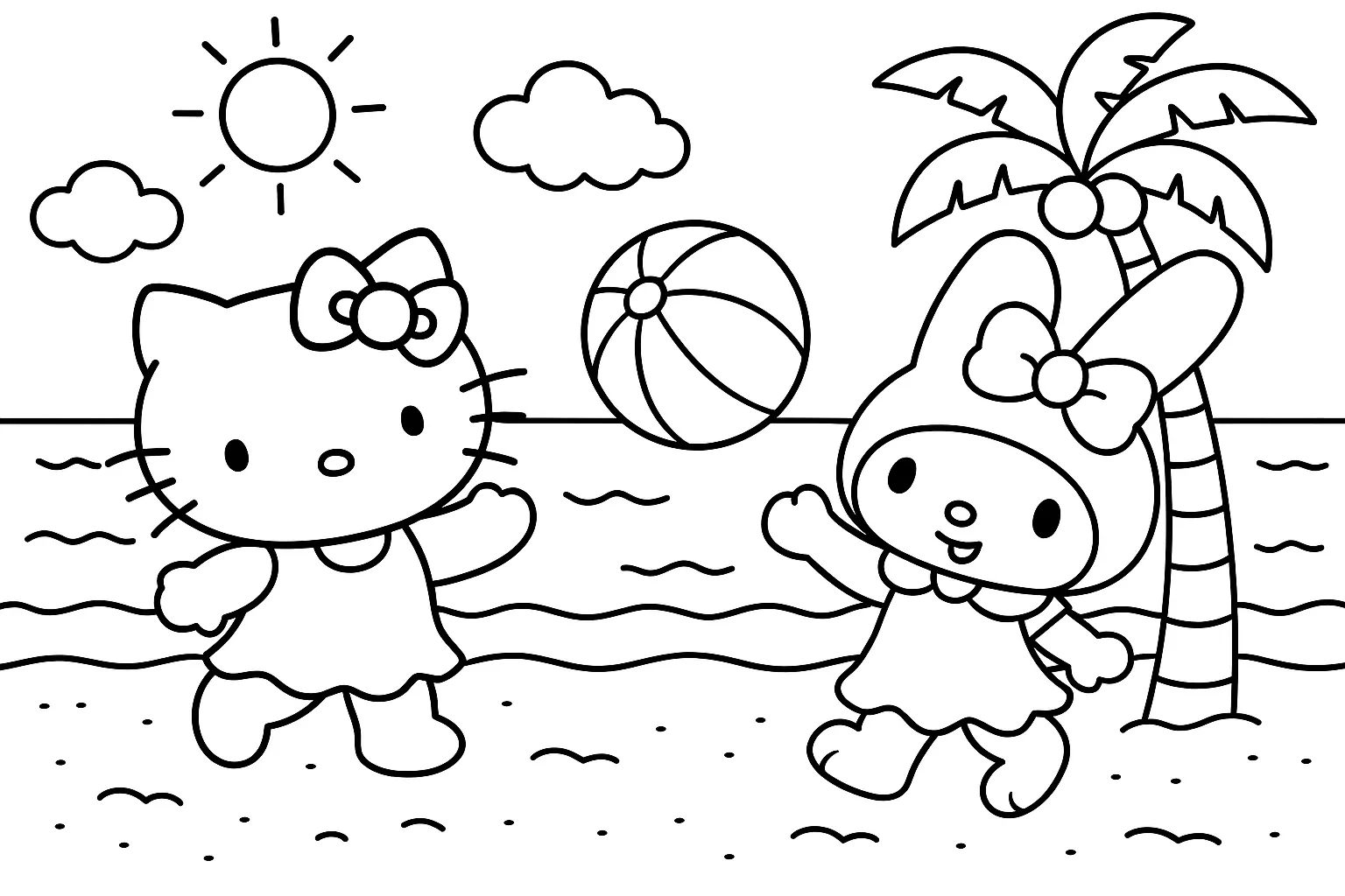 Hello Kitty Arkadaşıyla Sahilde Top Oynuyor boyama sayfası