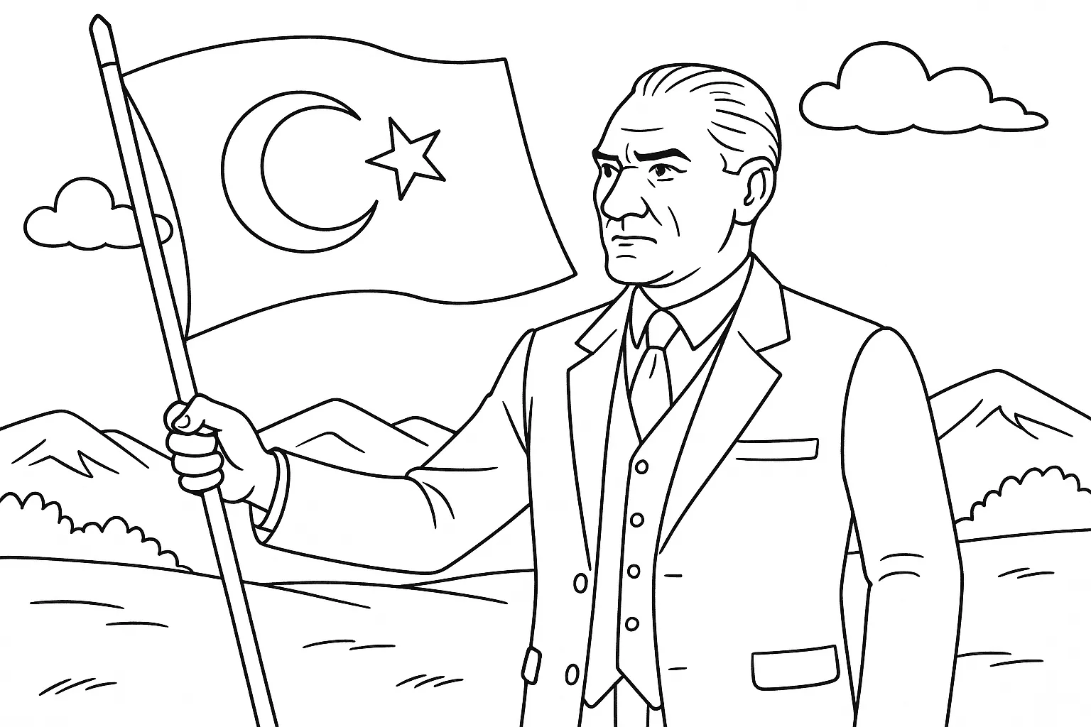 Gazi Mustafa Kemal Atatürk ve Türk Bayrağı boyama sayfası