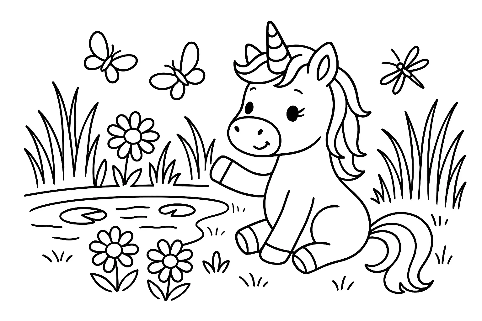 Oturan Tatlı Unicorn boyama sayfası