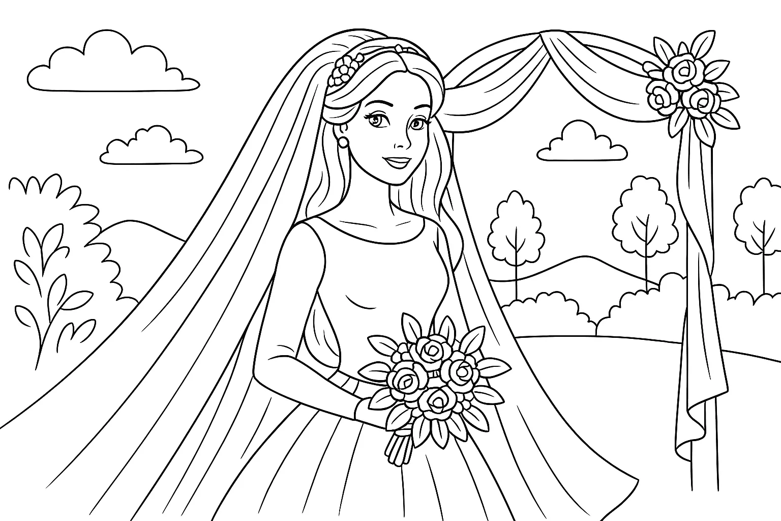 Gelinlikli Barbie boyama sayfası