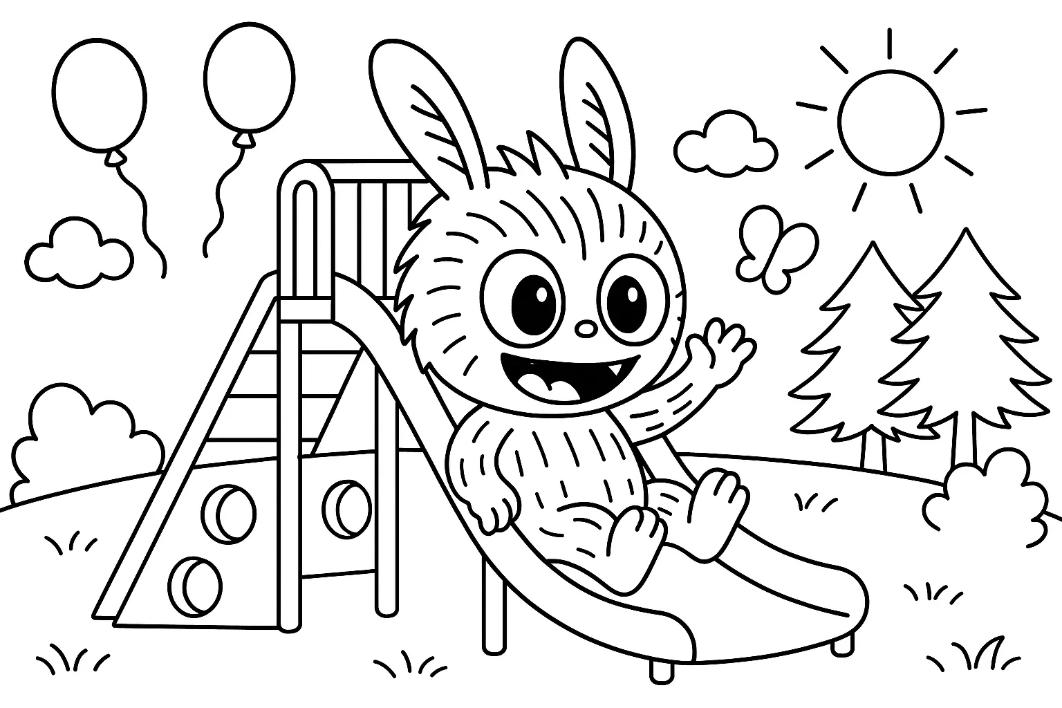 Labubu Kaydıraktan Kayıyor boyama sayfası