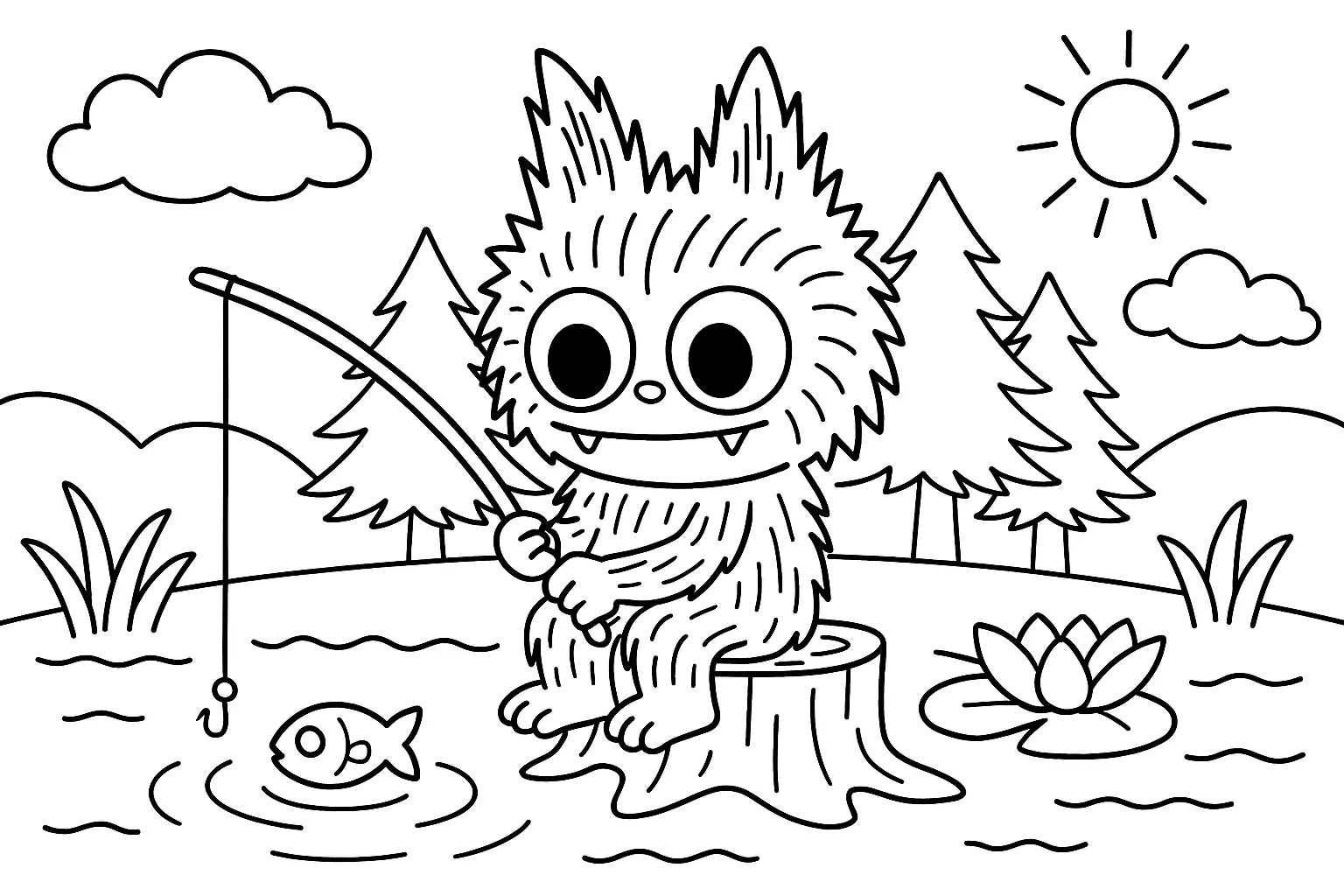 Labubu Balık Avlıyor boyama sayfası