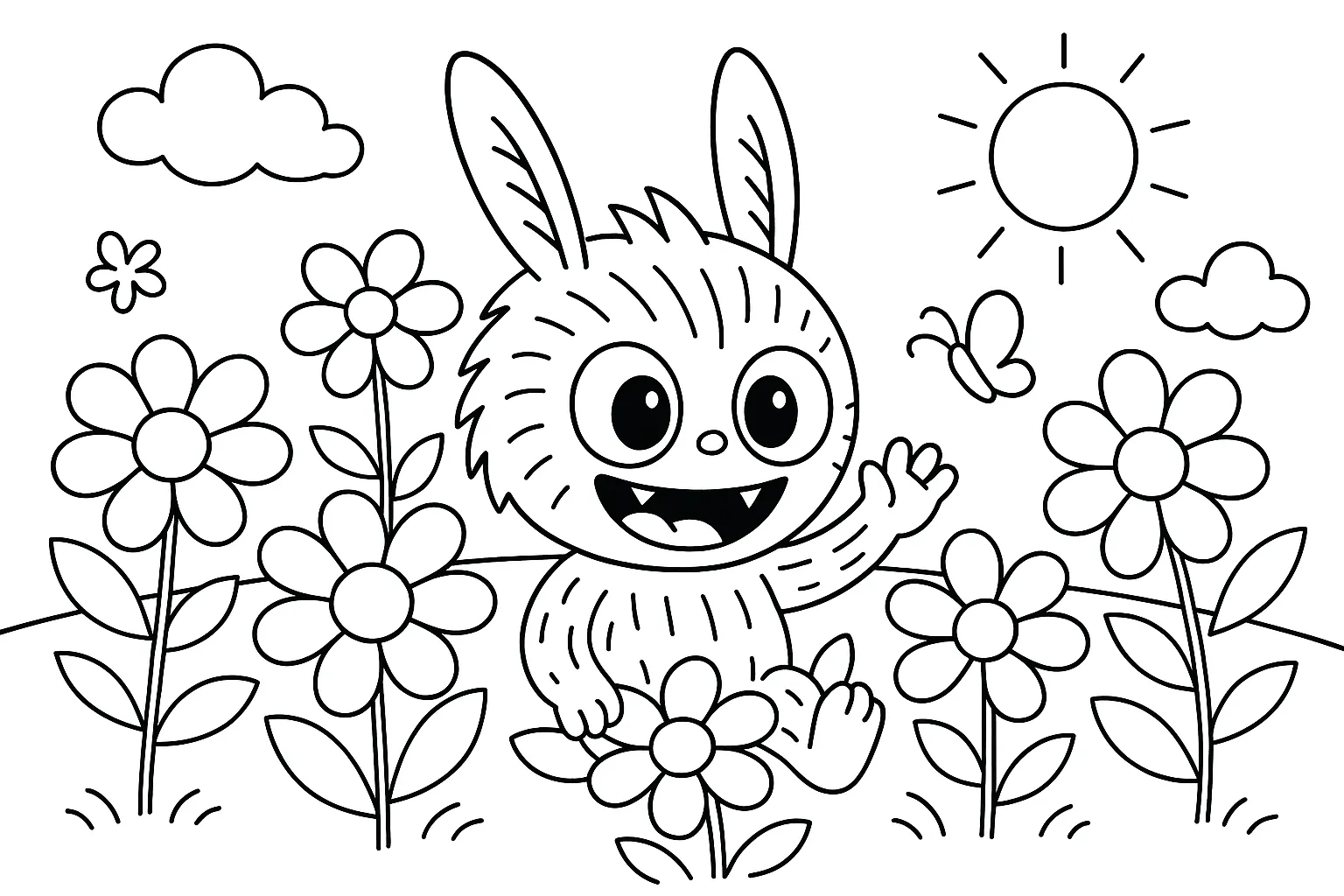 Labubu Çiçek Tarlasında boyama sayfası