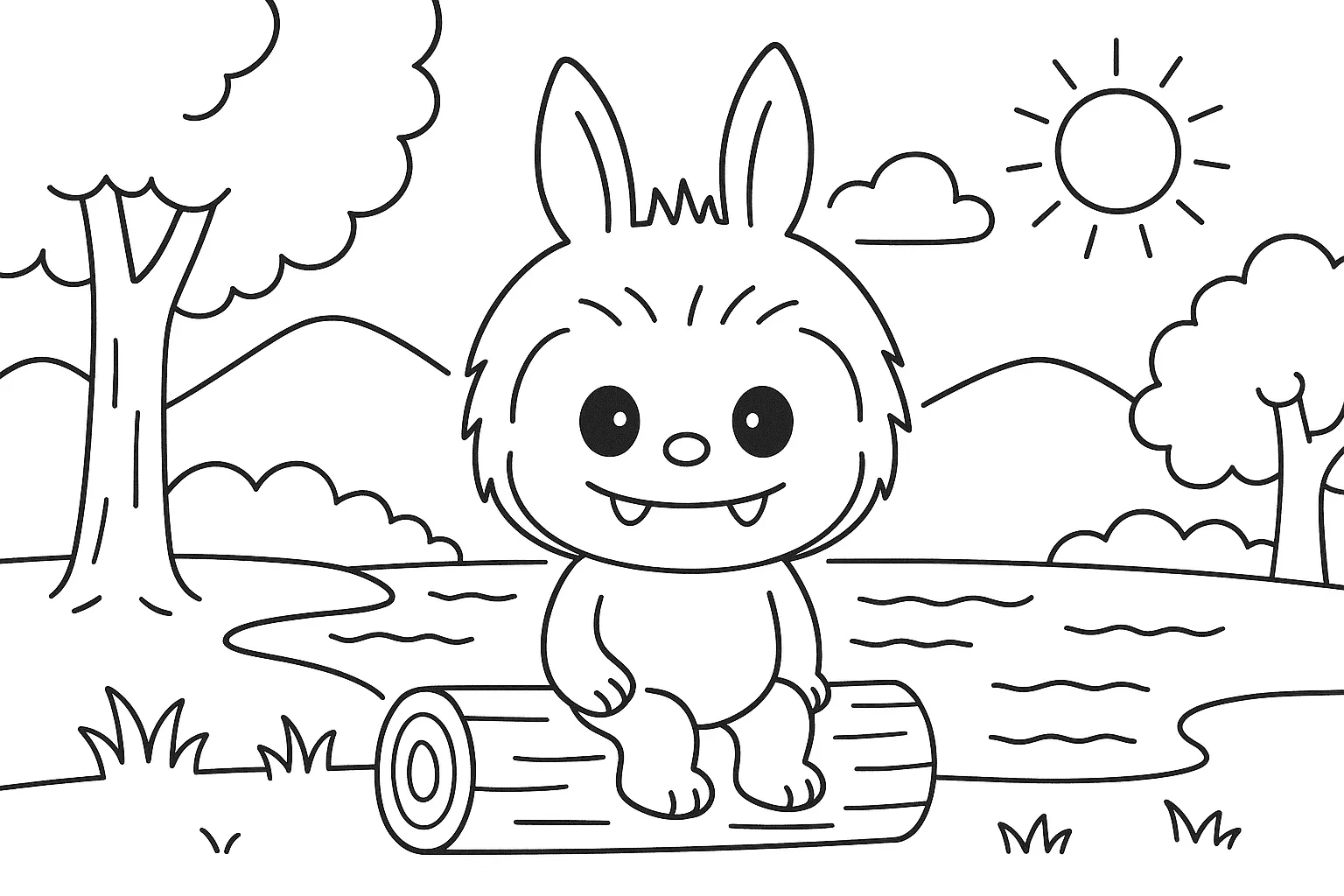 Labubu Odun Üzerinde Oturuyor boyama sayfası