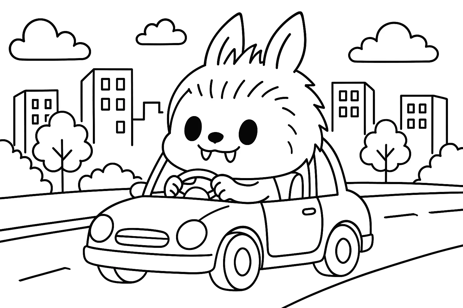 Labubu Şehirde Araba Kullanıyor boyama sayfası