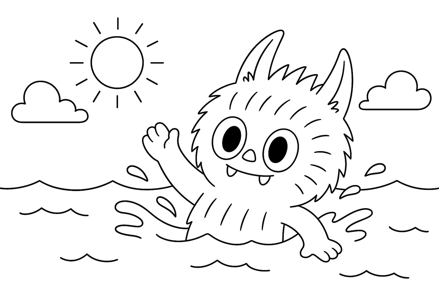 Labubu Denize Giriyor boyama sayfası