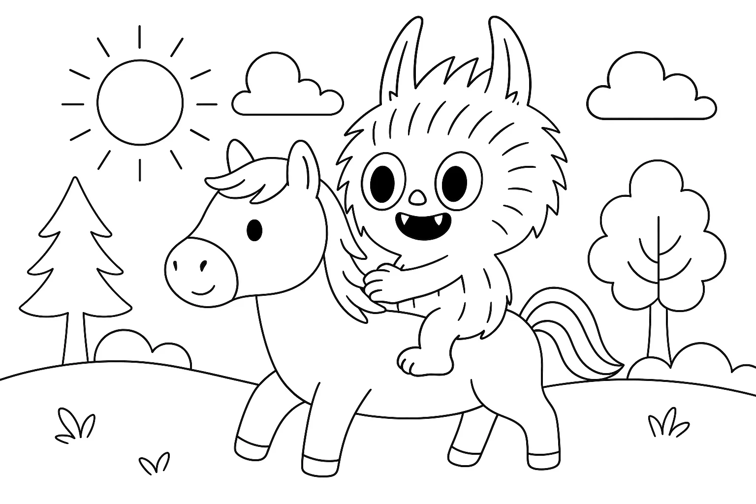 Labubu At Biniyor boyama sayfası