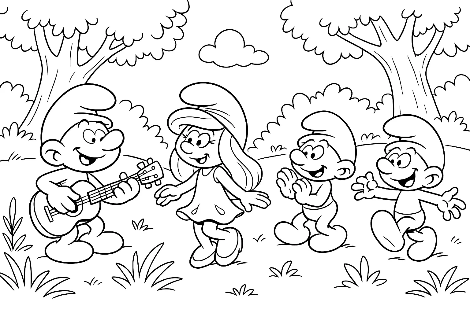 Şirinler Köyünde Müzik Zamanı boyama sayfası