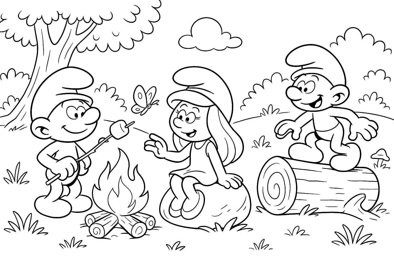 Şirinler Ateş Başında Yemek Vakti boyama sayfası