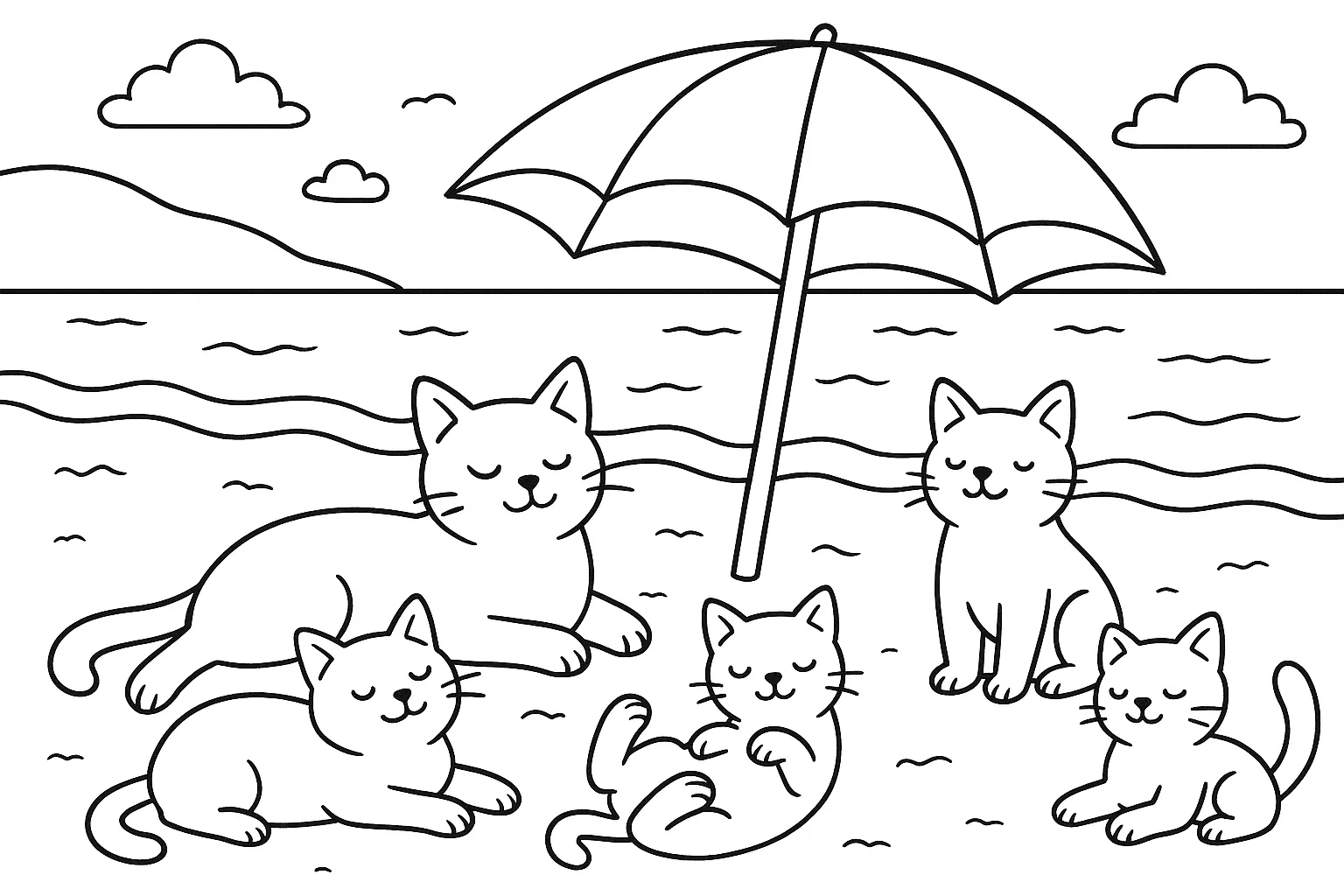 Sahilde Güneşlenen Kediler boyama sayfası