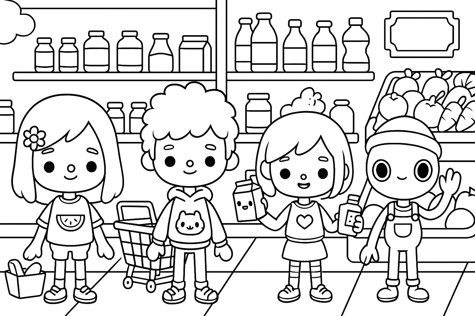 Toca Boca Karakterleri ile Markette Alışveriş boyama sayfası