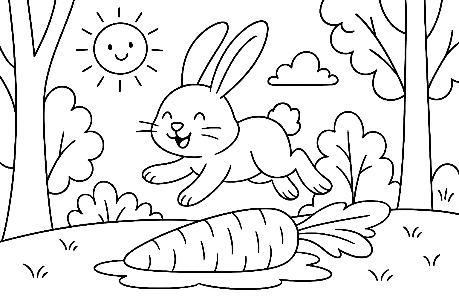 Yerde Havuç Bulan Mutlu Tavşan boyama sayfası