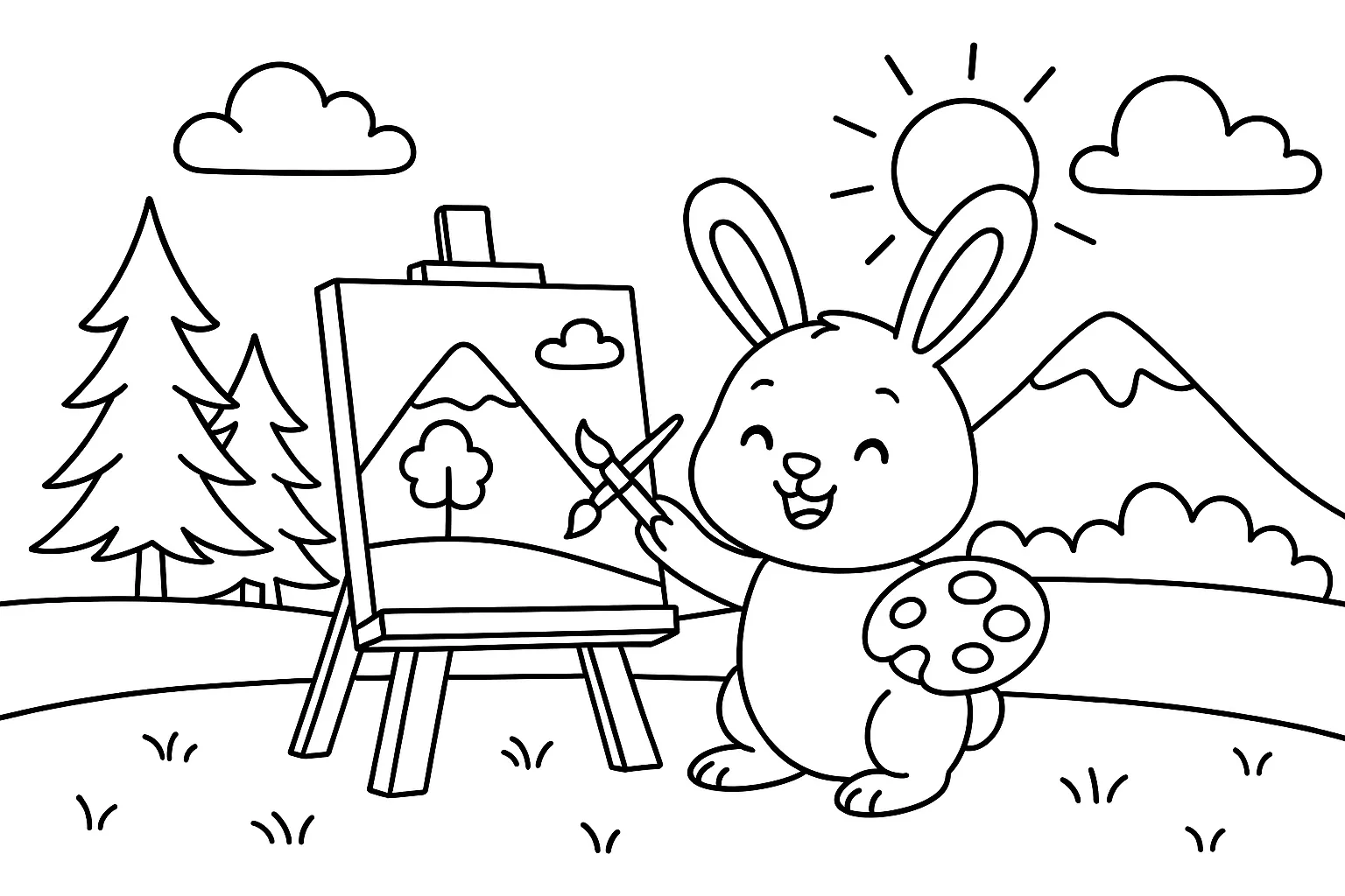 Manzara ve Ressam Tavşan boyama sayfası