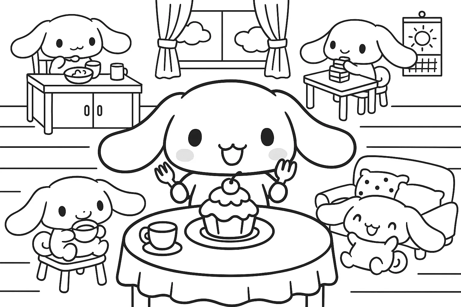Cinnamoroll Evde Eğlenirken boyama sayfası