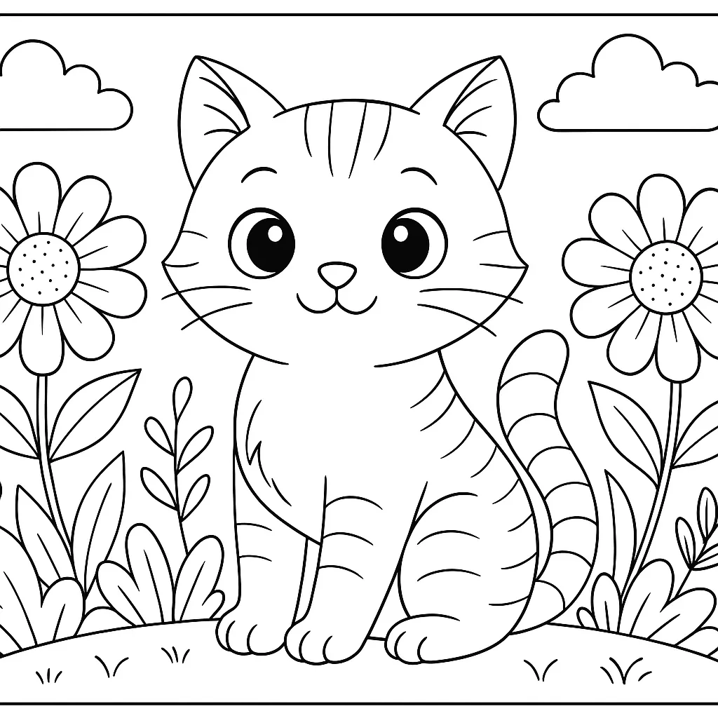 Sevimli Kedi ve Çiçekler boyama sayfası