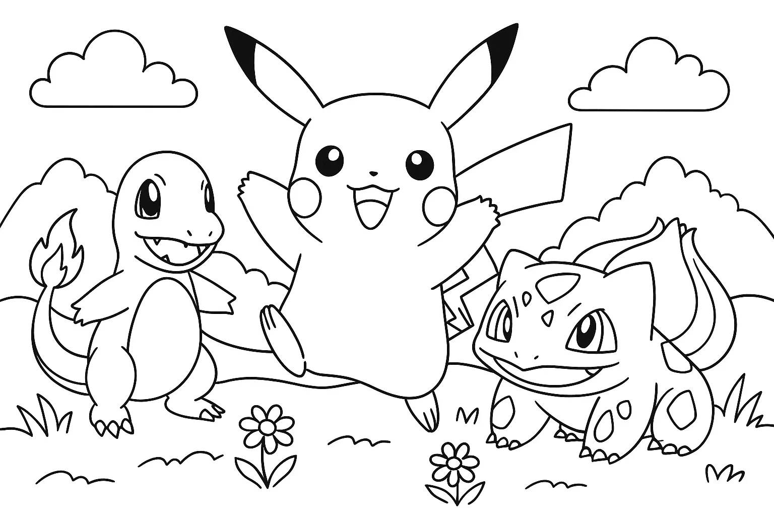 Çocuklar İçin Pokémon Pikachu, Charmander ve Bulbasaur boyama sayfası