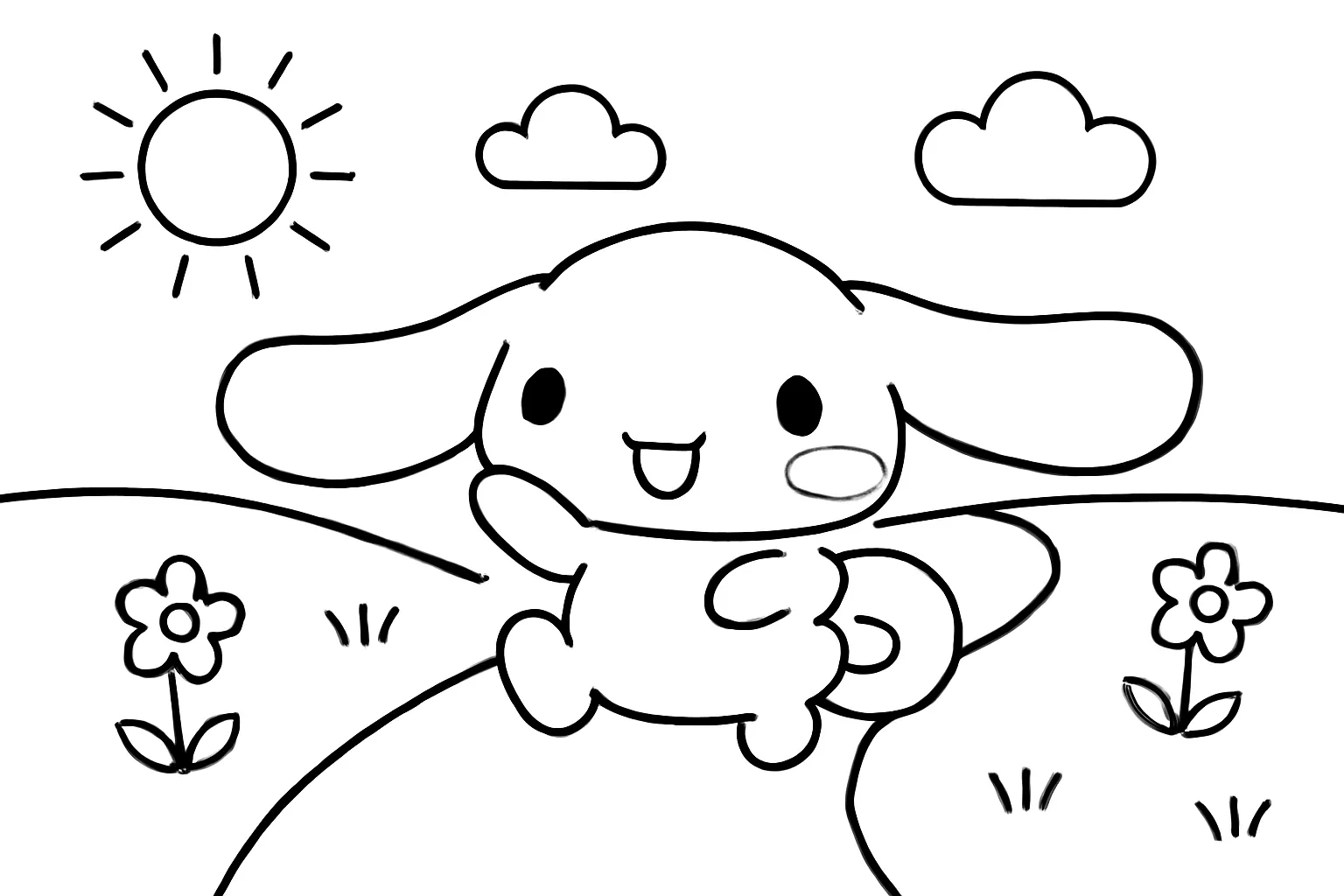 Cinnamoroll Çiçekli Yolda Koşarken boyama sayfası