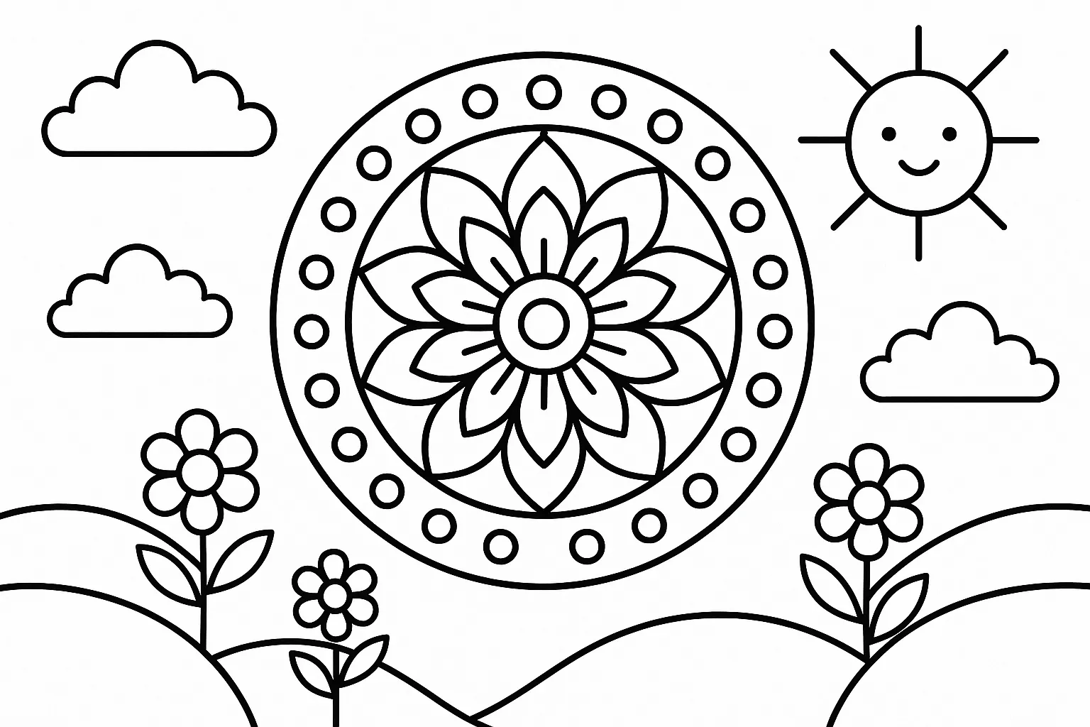 Güneşli Mandala Bahçesi – 3 Yaş boyama sayfası