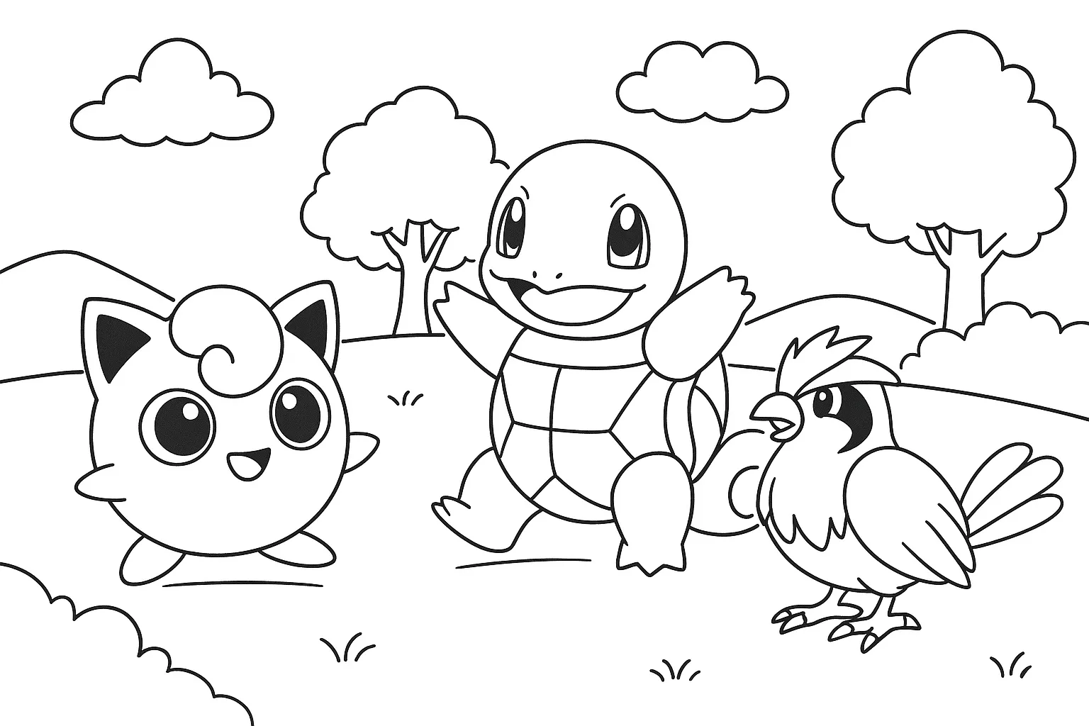 Pokémon Squirtle, Jigglypuff ve Pidgey boyama sayfası