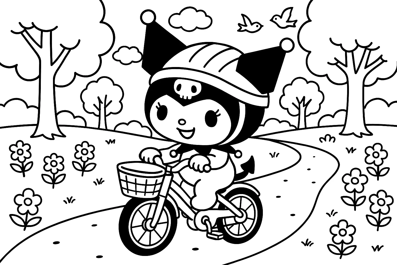 Doğada Pedal Çeviren Kuromi boyama sayfası
