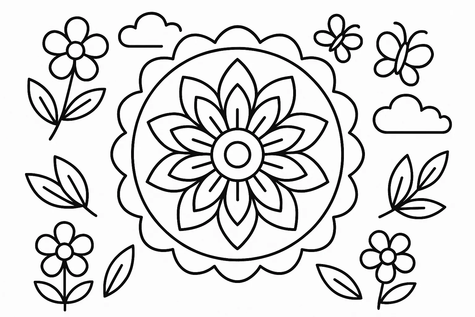 Kelebekli Mandala Baharı – 3 Yaş boyama sayfası